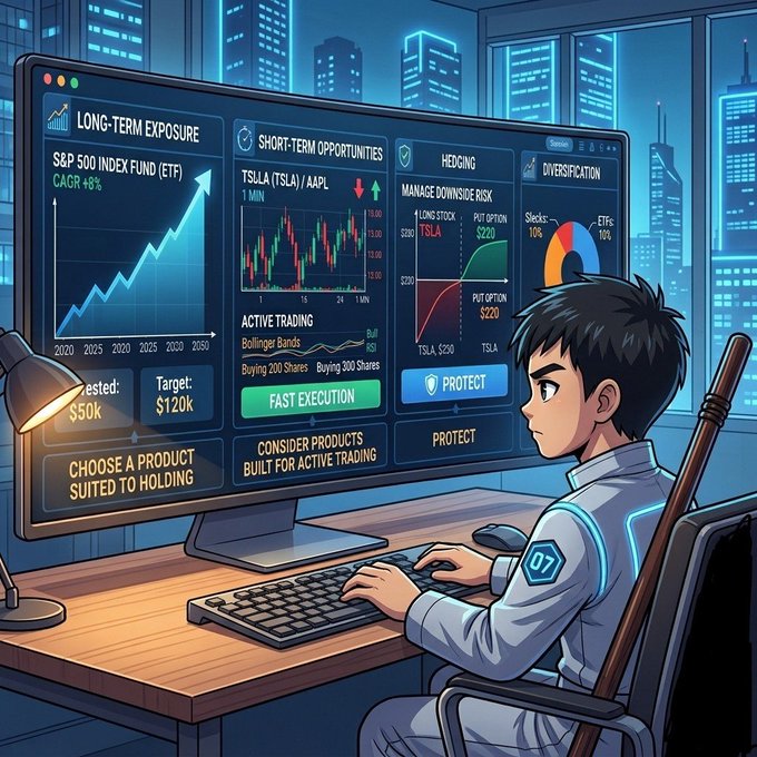 An anime-style illustration shows a young man at a desk analyzing stock charts on dual monitors, featuring visible text like "LONG-TERM EXPOSURE", "S&P 500 INDEX FUND (ETF) CAGR +8%", "TSLA (TSLA) / AAPL", and "HEDGING".