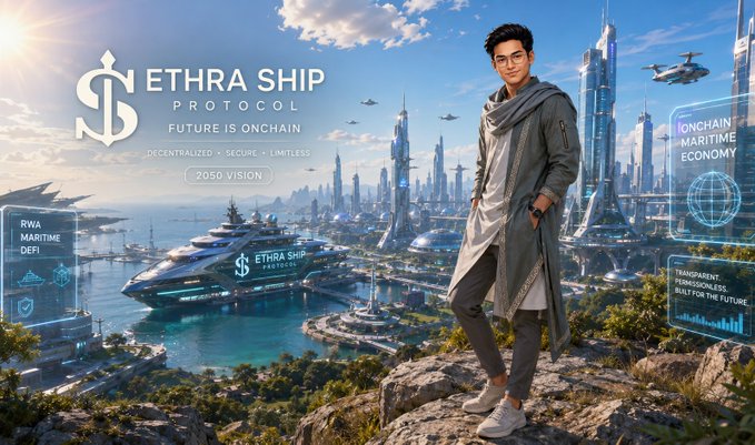 Promotional artwork for 'ETHRA SHIP PROTOCOL' with tagline 'FUTURE IS ONCHAIN' and '2050 VISION', depicting a man overlooking a futuristic maritime city with labels like 'RWA MARITIME DEFI' and 'ONCHAIN MARITIME ECONOMY'.