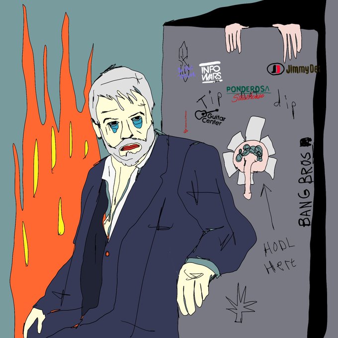 A crude digital drawing of a sad, pale man in a blue suit standing next to a gray wall covered in logos and text including 'INFO WARS', 'JimmyDe', 'BANG BROS', and 'HODL Here', with orange flames on the left.