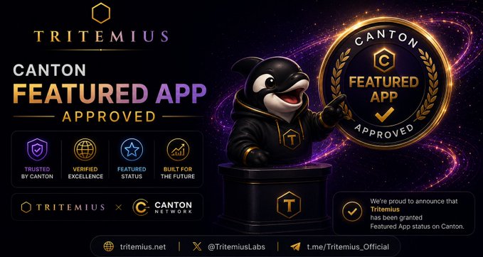 A promotional graphic announces Tritemius as a 'CANTON FEATURED APP APPROVED', featuring a black and white mascot in a hoodie and a gold approval badge.