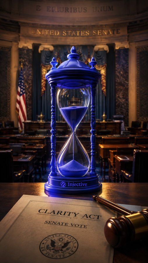 A digital illustration of a blue hourglass with the "Injective" logo on its base, set on a wooden desk in a United States Senate chamber with a gavel and a document labeled "CLARITY ACT SENATE VOTE" in the foreground.