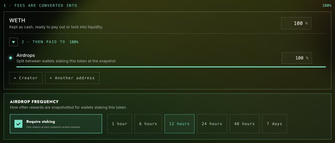 A dark-themed web interface showing token distribution settings, with 'WETH' set at 100%, 'Airdrops' set at 100%, and 'Airdrop Frequency' set to 'Require staking' with '12 hours' selected.