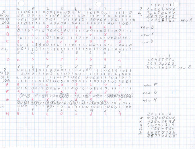 A handwritten note on graph paper containing rows of binary code (0s and 1s), hexadecimal characters in red and blue ink, and labels such as 'msg', 'new A', 'new B', 'new C', and 'w'.