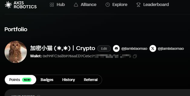 Screenshot of an Axis Robotics profile page for user '加密小猫 (*.*)' with the handle @jlamixiaomao, showing portfolio details and tabs for Points, Badges, History, and Referral.