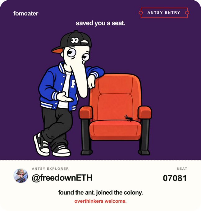 An NFT profile card titled 'ANTSY ENTRY' features a cartoon character leaning on a red chair, with the username '@freedownETH' and seat '07081'.
