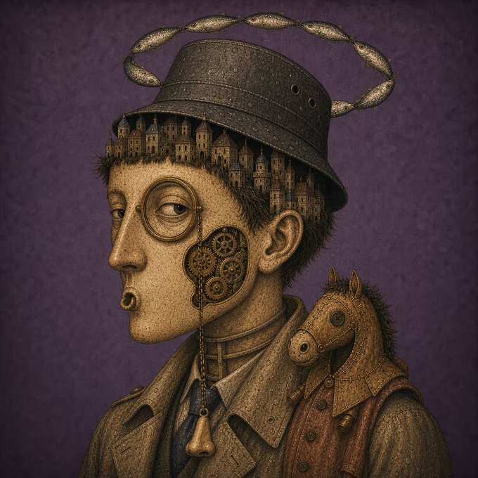 A surreal portrait illustration of a figure wearing a metal bucket as a hat with twisted wires protruding from it, monocle, exposed clockwork gears in the cheek, and a small wooden horse perched on the shoulder.