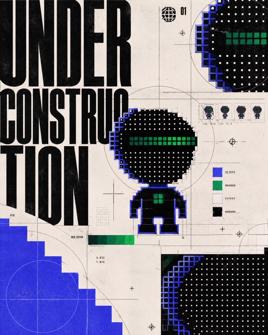A blueprint-style poster reads 'UNDER CONSTRUCTION' featuring pixel art characters with blue outlines and green eyes, along with color codes like '212EFE' and '046A60.'