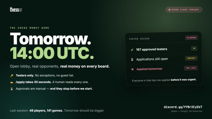 A promotional graphic for "ChessSG" announcing "Tomorrow. 14:00 UTC." for "THE CHESS MONEY GAME," showing tester access details and a Discord link (discord.gg/+fBr2CyEk7).