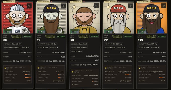 Five "Standard Dad" KNOTHEAD NFT profile cards (#6, #7, #8, #9, and #10) are displayed side-by-side, all marked "DELIVERED" with attributes like "KNOT BLUE GUS CURLAW," "KNOT BLIZARD KIP CUP," and "KNOT CHEF BLAKE CURTAINS," showcasing the variety of unique mintable character designs available at KNOTHEADS.ART.