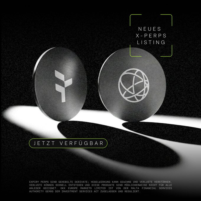 A promotional graphic in German for a new X-PERPS listing featuring two metallic coin-like objects with symbols, with text reading 'NEUES X-PERPS LISTING' and 'JETZT VERFÜGBAR' (now available) along with a disclaimer at the bottom.
