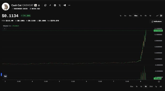 A price chart for Cash Cat (CASHCAT) showing a value of $0.1134 with a 74.2K% increase, FDV of $113.4K, and a dramatic upward spike on the right side of the chart.