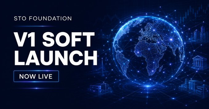 Promotional graphic for 'STO FOUNDATION V1 SOFT LAUNCH NOW LIVE' featuring a blue digital globe surrounded by financial icons.