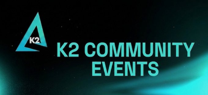 A logo for 'K2 COMMUNITY EVENTS' featuring a triangular design with 'K2' inside, set against a dark background with teal glowing accents.