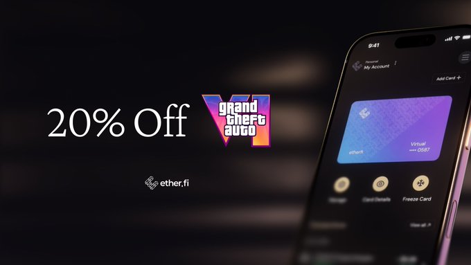 A promotional image shows a 20% off offer for Grand Theft Auto VI alongside the ether.fi logo, with a smartphone displaying the ether.fi app on the right. The post humorously frames this as a "business war" between crypto companies Plasma and ether.fi competing to buy GTA VI at discounted rates.