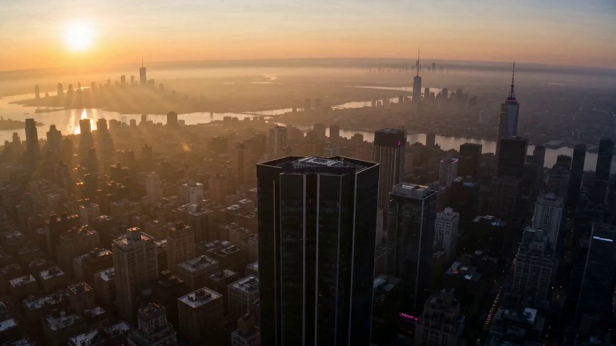 The image shows an aerial view of a city skyline at sunset, with the sun setting behind the buildings. In the center of the frame, there's a tall building that appears to be a skyscraper or a large office building. The sky is filled with warm hues from the setting sun, creating a beautiful backdrop for the cityscape. 

The post in the image mentions Uniswap as a bank, which could potentially be related to the city skyline. However, without more context, it's difficult to determine if there's any connection between the two elements in the photo.