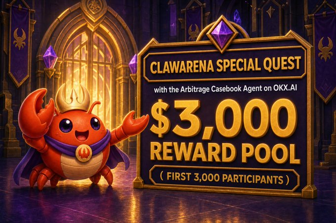 A 'CLAWARENA SPECIAL QUEST' promotional image with a crab mascot, advertising a '$3,000 REWARD POOL (FIRST 3,000 PARTICIPANTS)' with the Arbitrage Casebook Agent on OKX.AI.