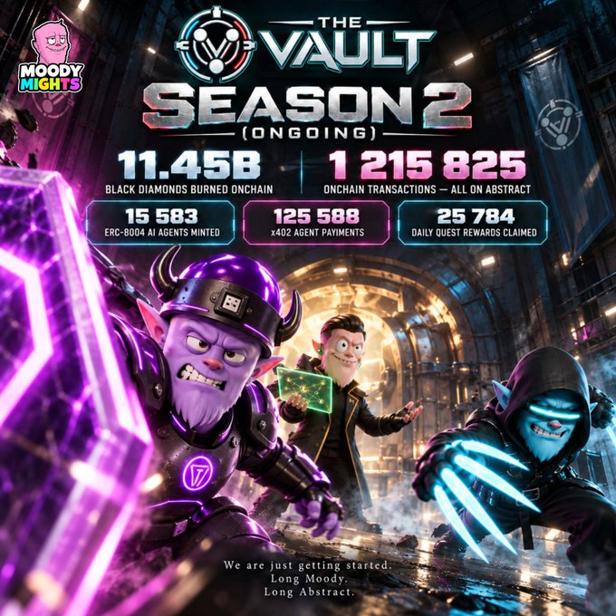 A promotional graphic titled "THE VAULT SEASON 2 (ONGOING)" displays statistics including "11.45B BLACK DIAMONDS BURNED ONCHAIN", "1 215 825 ONCHAIN TRANSACTIONS", "15 583 ERC-8004 AI AGENTS MINTED", "125 588 x402 AGENT PAYMENTS", and "25 784 DAILY QUEST REWARDS CLAIMED" alongside cartoon characters.