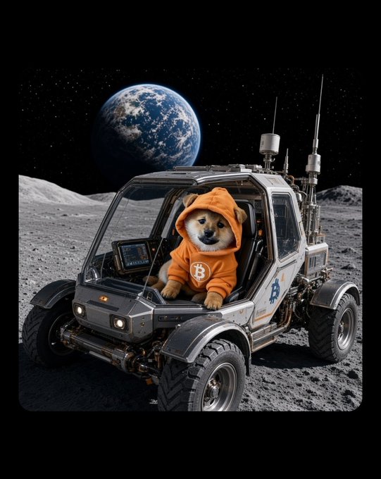 A whimsical AI-generated image of the Doge Shiba Inu dog wearing an orange Bitcoin hoodie, sitting inside a futuristic Bitcoin-branded moon rover with Earth visible in the lunar sky behind it.