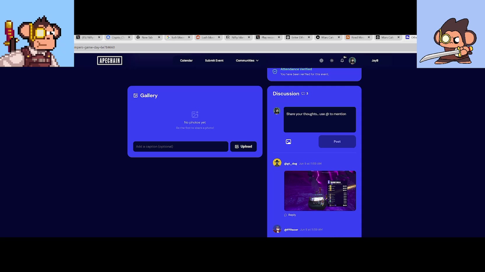 The image shows a computer screen displaying a chat window with two people engaged in conversation, one of whom appears to be a monkey character. The chat window has a blue background and features various elements such as a chat box, a message, and a picture. The text "We're kicking off in the Nexus! join us at Otherside.xyz" is also present on the screen.
