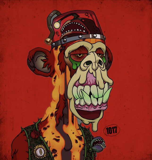 The image features a cartoon monkey with a red hat and face painted on its head. The monkey appears to be wearing a helmet that has a large mouth, giving it an evil or scary appearance. The background of the image is red, which contrasts with the monkey's costume and adds to the overall visual impact. The caption at the bottom of the image reads "ApeFest 2026 #17 October! I see red! I am red Trait Red, let us hear from you!".