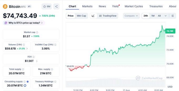 A CoinMarketCap price tracker page for Bitcoin (BTC) showing a price of $74,743.49 with a 7.82% gain over 24 hours, alongside a green price chart and market statistics.