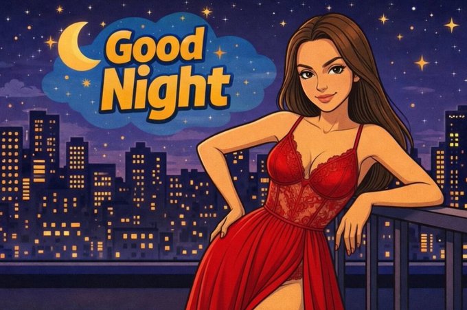 A cartoon-style illustration of a woman in a red lace dress leaning on a balcony with a nighttime cityscape behind her, accompanied by a 'Good Night' graphic with a crescent moon and stars.