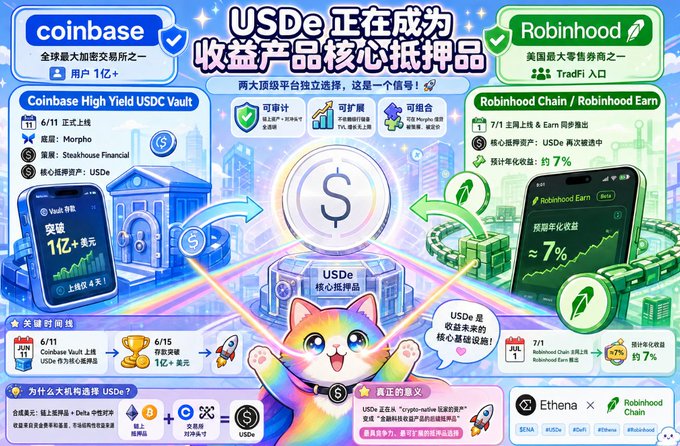 A promotional graphic in Chinese showing USDe as a core collateral asset for yield products on Coinbase and Robinhood, featuring a cartoon cat mascot and high yield statistics.