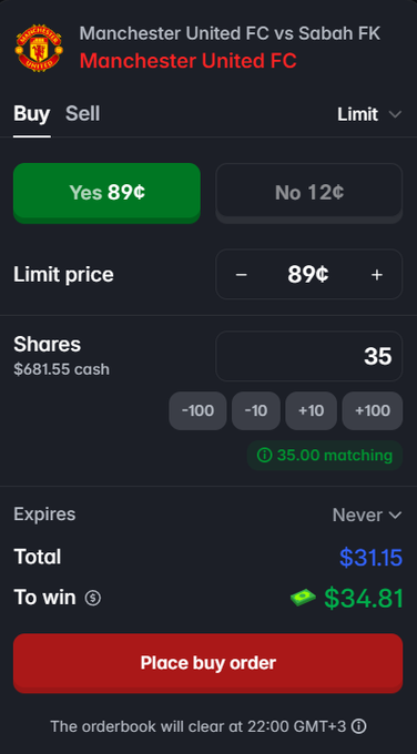 A Robinhood-style trading app screen showing a buy order for Manchester United FC (vs Sabah FK) shares at 89¢, with 35 shares for a total of $31.15 and potential payout of $34.81.