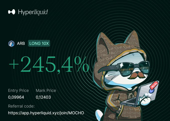 A promotional image for Hyperliquid showing an ARB LONG 10X position with a +245.4% gain (entry price 0.09964, mark price 0.12403), featuring a cat mascot in a hoodie holding a laptop with referral code https://app.hyperliquid.xyz/join/MOCHO.