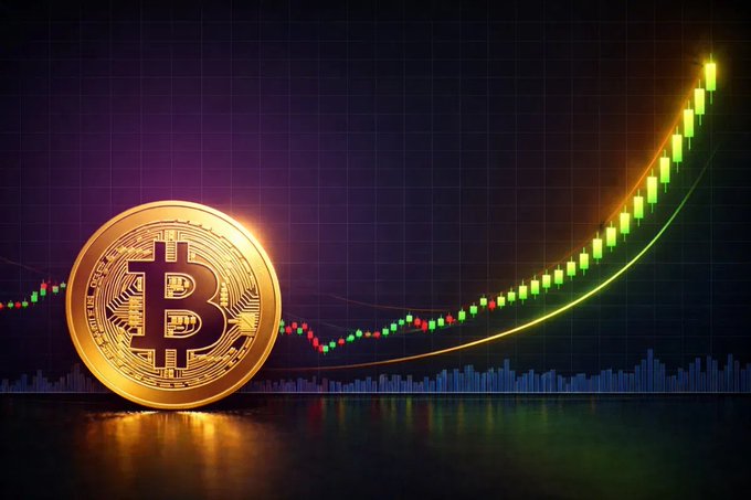 A gold Bitcoin coin sits in front of a rising green and red candlestick chart showing price growth.