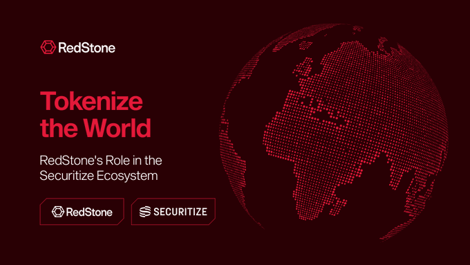 The image is a promotional graphic for RedStone featuring the headline "Tokenize the World" and the subtitle "RedStone's Role in the Securitize Ecosystem," displayed alongside a red dotted globe illustration, with both RedStone and Securitize logos appearing at the bottom.

The image ties to the post by visually framing RedStone's partnership with Securitize ($SECZ), highlighting RedStone's role as the oracle infrastructure powering Securitize's tokenization initiatives, including its recent NYSE listing and onchain stock tokenization.