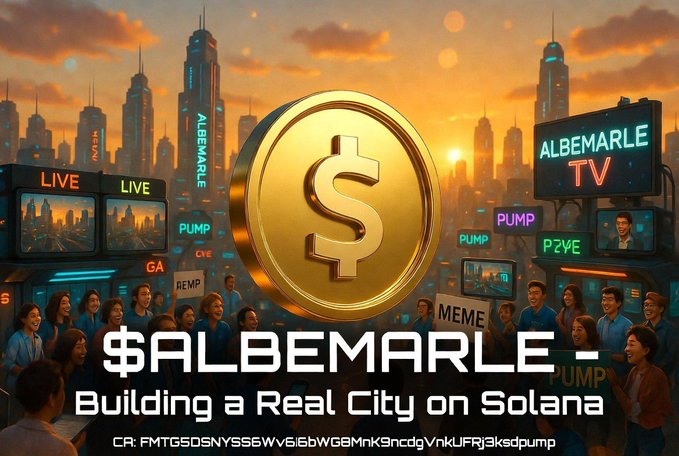 A promotional graphic for $ALBEMARLE featuring a golden dollar coin, a cityscape at sunset, and the tagline 'Building a Real City on Solana' along with a contract address (CA: FMTG5DSNYSS6Wv5i6bWG8Mnk9ncdgVnKUFRj3ksdpump).