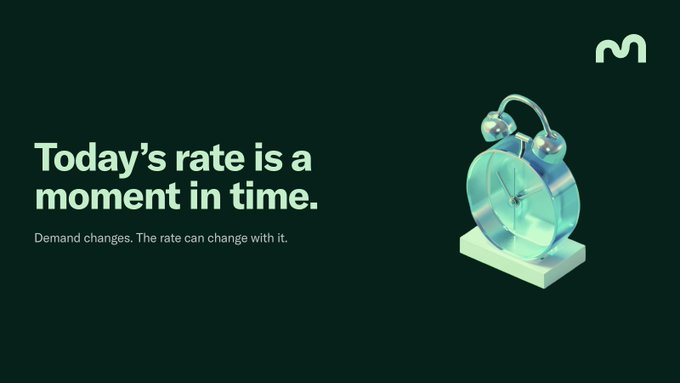 Dark-themed promotional image with text 'Today's rate is a moment in time. Demand changes. The rate can change with it.' alongside an illustration of a translucent teal alarm clock.