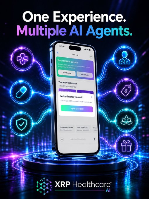 The graphic features a smartphone displaying the "XSPHAI" app interface, showcasing specialized tools like "Earn XRPHAI in Seconds," "Make time for yourself," and "Book XRPCard," with the headline "One Experience. Multiple AI Agents." and the XRP Healthcare AI logo at the bottom. Surrounding the phone are glowing icons representing distinct functions—healthcare, pills, security, doctor, tags, wellness, and rewards—visually reinforcing the post's message that XRPH AI's evolution lies in multiple specialized agents working together rather than a single all-purpose chatbot.