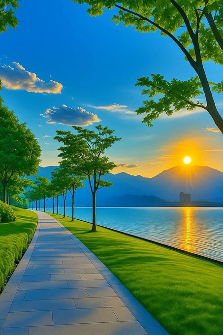 A serene illustrated landscape showing a paved path beside a lake at sunset, lined with green trees under a blue sky.