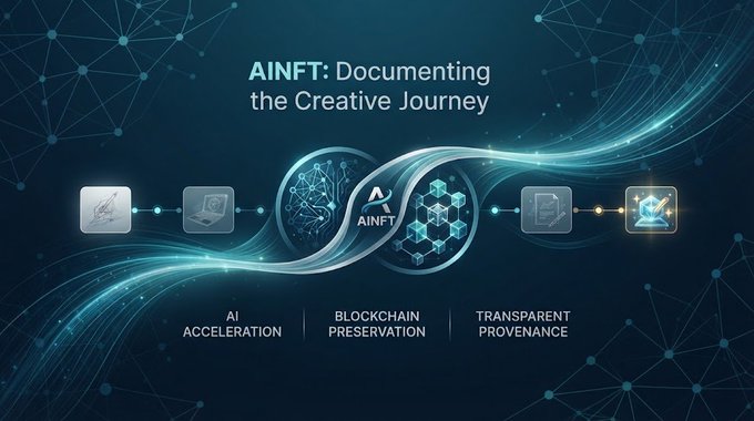 A presentation slide titled 'AINFT: Documenting the Creative Journey' with three pillars: AI Acceleration, Blockchain Preservation, and Transparent Provenance.