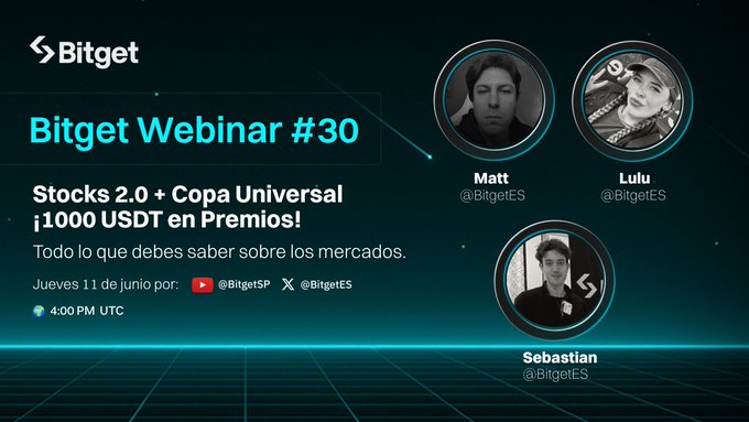 The image shows a poster promoting a webinar or online event. It features three cartoonized faces of people, one of whom has a name tag saying "LULU", possibly indicating an audience member's name during the webinar. The poster displays several logos and text related to the event, such as "BITGET WEBINAR #30: Stocks 2.0 + COPA UNIVERSAL $1000 USDT EN PREMIOS" and "Este Jueves tenemos Bitget Webinar #30: ... Argentina:". The event seems to be aimed at a specific group of people in the target location or region, possibly discussing investments or financial topics.