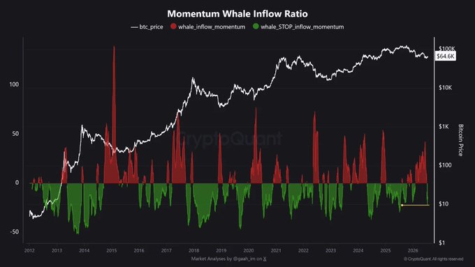 A chart from CryptoQuant titled 'Momentum Whale Inflow Ratio' displaying BTC price alongside whale_inflow_momentum (red) and whale_STOP_inflow_momentum (green) data from 2012 to 2026, with Bitcoin priced at $64.6K.