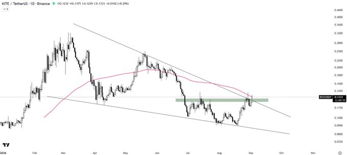 KITE/TetherUS 1D chart on Binance shows the token at $0.152 (down 0.29%), with price having broken out of a falling wedge pattern above the $0.1333 resistance zone, now testing the pink 100MA as the next key level for bullish continuation.