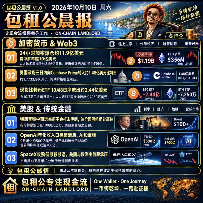 A Chinese-language financial news graphic titled '包租公晨报' dated October 10, 2026, covers cryptocurrency and stock market headlines including Bitcoin, Ethereum, and OpenAI.