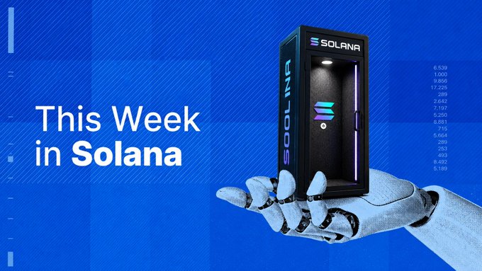 A promotional graphic with blue background reading 'This Week in Solana' showing a robotic hand holding a black Solana-branded crypto hardware device.