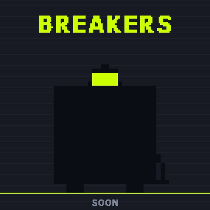 Pixel art teaser for "BREAKERS" showing a dark silhouette with a glowing lime-green accent, marked "SOON" at the bottom, promoting an upcoming drop of 1,987 EVM machines.