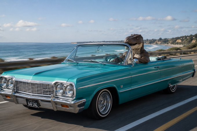 A turquoise 1960s Chevrolet Impala convertible cruises along a coastal highway with the ocean in the background, driven by a person while a velociraptor rides in the passenger seat; the license plate reads 'G4FING'.