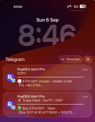 A smartphone lock screen showing the time 8:46 on Sunday, September 6, with Telegram notifications from PopDEX Alert Pro about ETHUSDT closed positions.