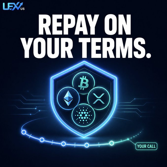 LEX US advertisement displaying 'REPAY ON YOUR TERMS' with a shield containing Bitcoin, Ethereum, XRP, and Cardano logos, alongside a 'YOUR CALL' tagline.
