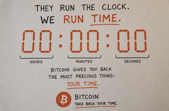A Bitcoin-themed poster stating "They run the clock. We run time. Bitcoin gives you back the most precious thing: your time," featuring a digital countdown clock and the slogan "Take back your time."