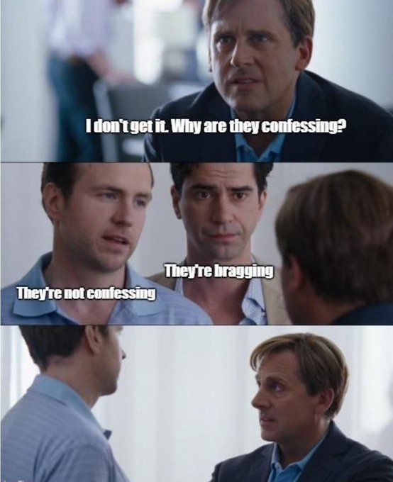 Three panels from a film show a man asking "I don't get it. Why are they confessing?" while two others respond "They're not confessing" and "They're bragging," perfectly illustrating the meme's point about memecoin promoters openly boasting about insider bundling schemes rather than hiding them.