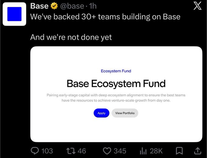The image shows a tweet from @base announcing the "Base Ecosystem Fund," which has backed 30+ teams building on Base with the promise of more support to come, aligning with the accompanying post's news about Base's new ecosystem funding initiative and hints of an upcoming TGE/airdrop tease.