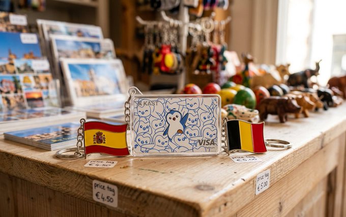 A souvenir shop display featuring keychains, including Spain and Belgium flag keychains and a Visa card-themed keychain with 'KRUST' text, priced at €4.50.