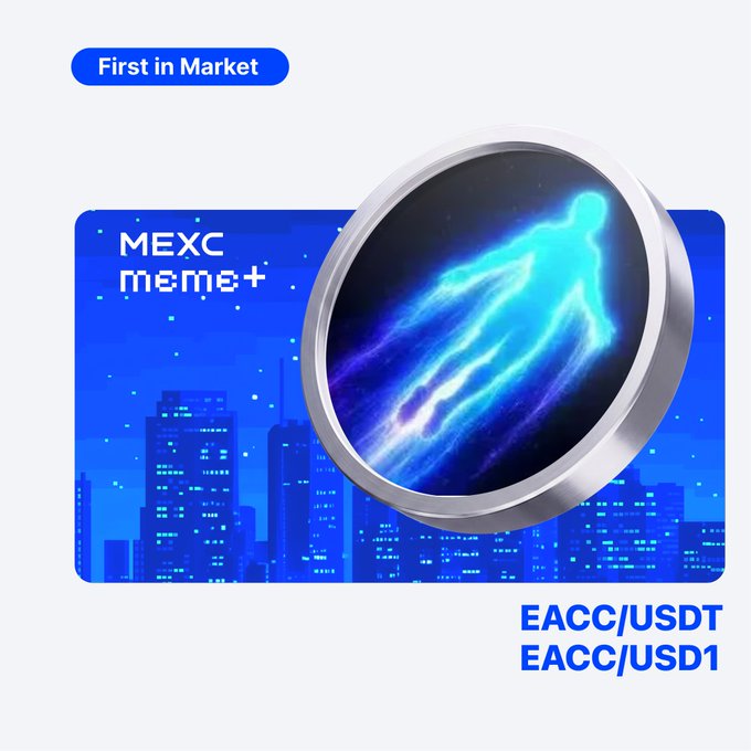 A promotional graphic for MEXC's "Meme+" listing featuring a glowing blue ghostly figure in a circular frame against a city skyline, with "First in Market" badge and "EACC/USDT" and "EACC/USD1" trading pairs displayed, advertising the exchange listing of $EACC.